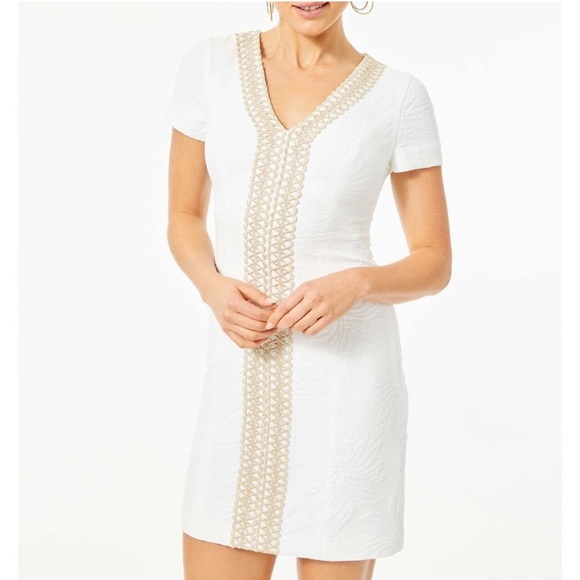☀️ Lilly Pulitzer White and Gold Arie Stretch Shift Dress - Picture 9 of 10